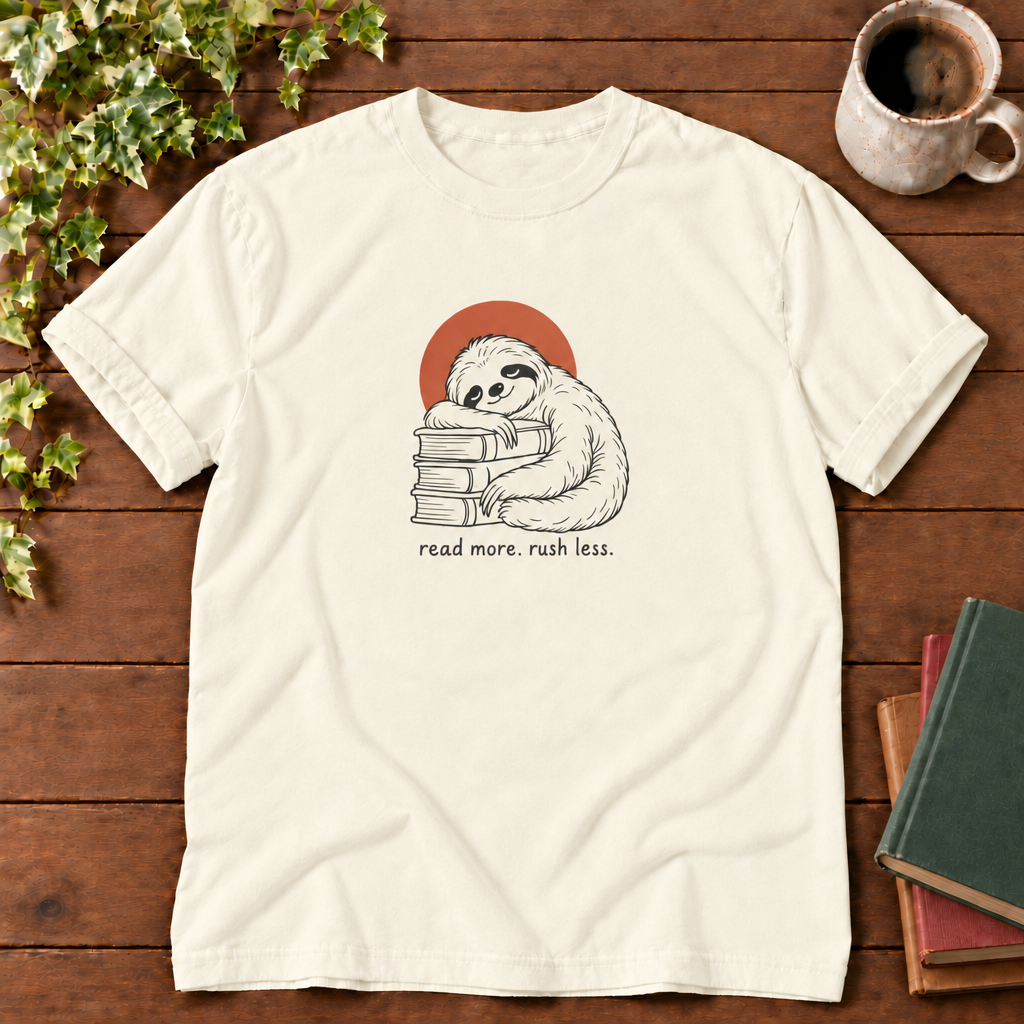 Read more rush less Ivory sloth flat lay, smooth wood and clean book stack