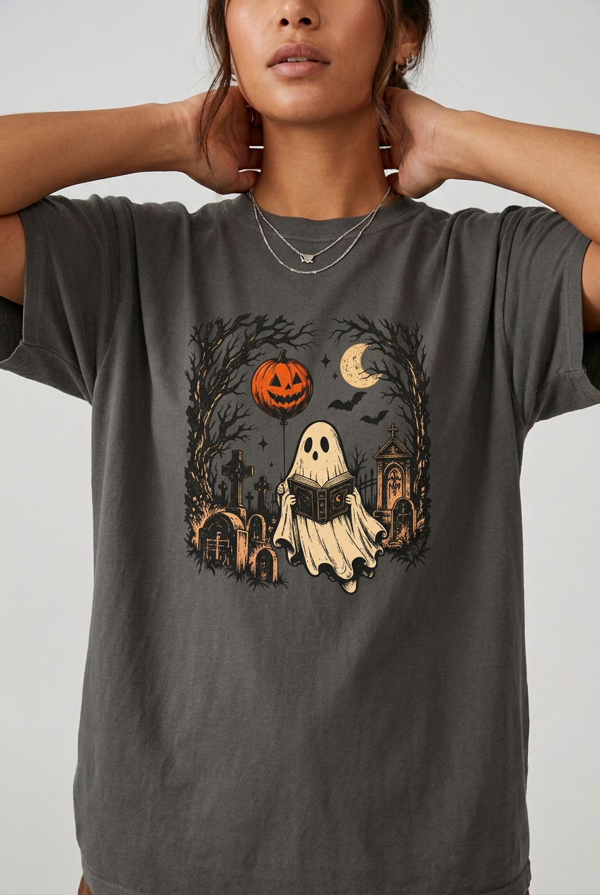 Close-up of woman wearing the Pepper graveyard reader t-shirt