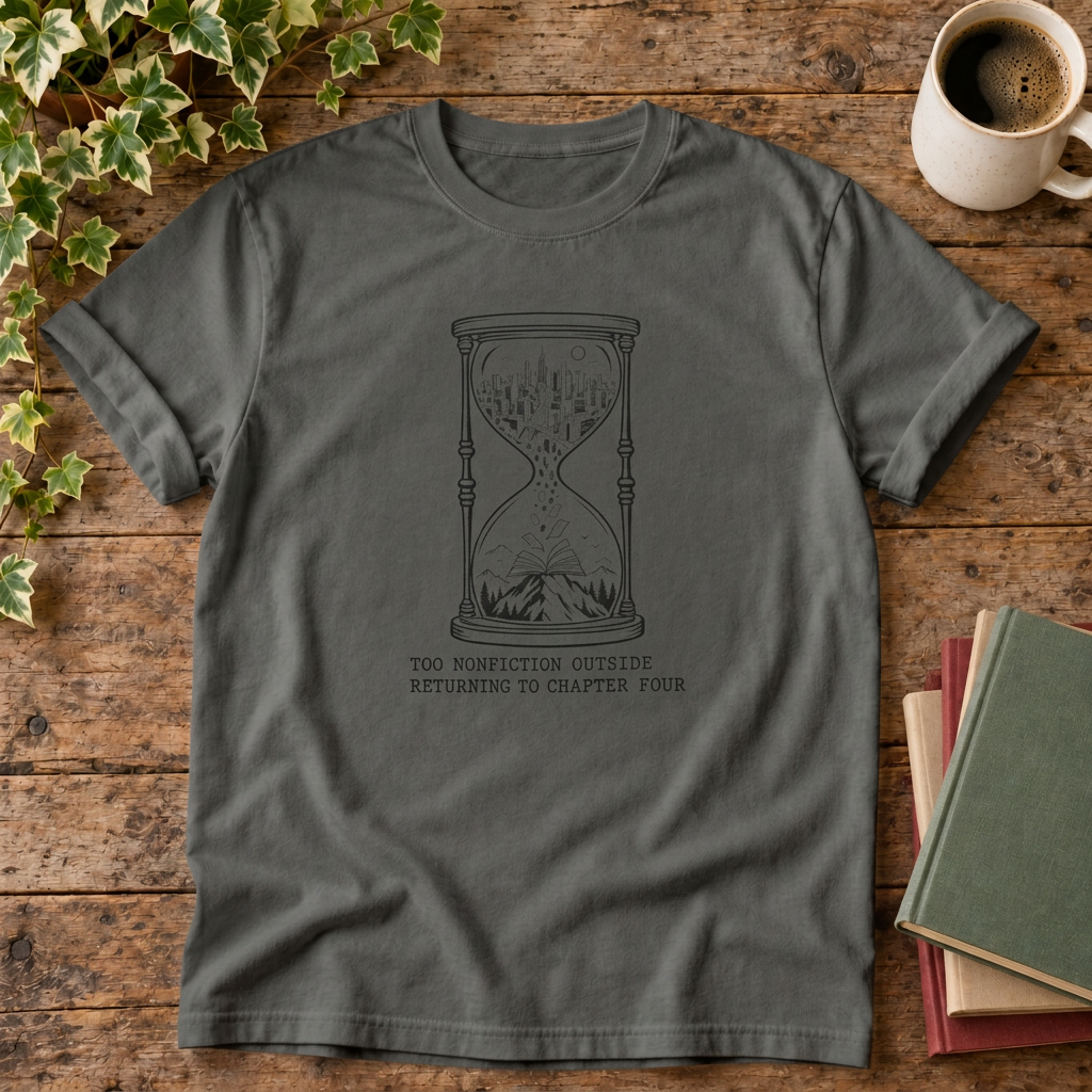 Too much fiction outside hourglass t-shirt in Pepper, rustic flat lay