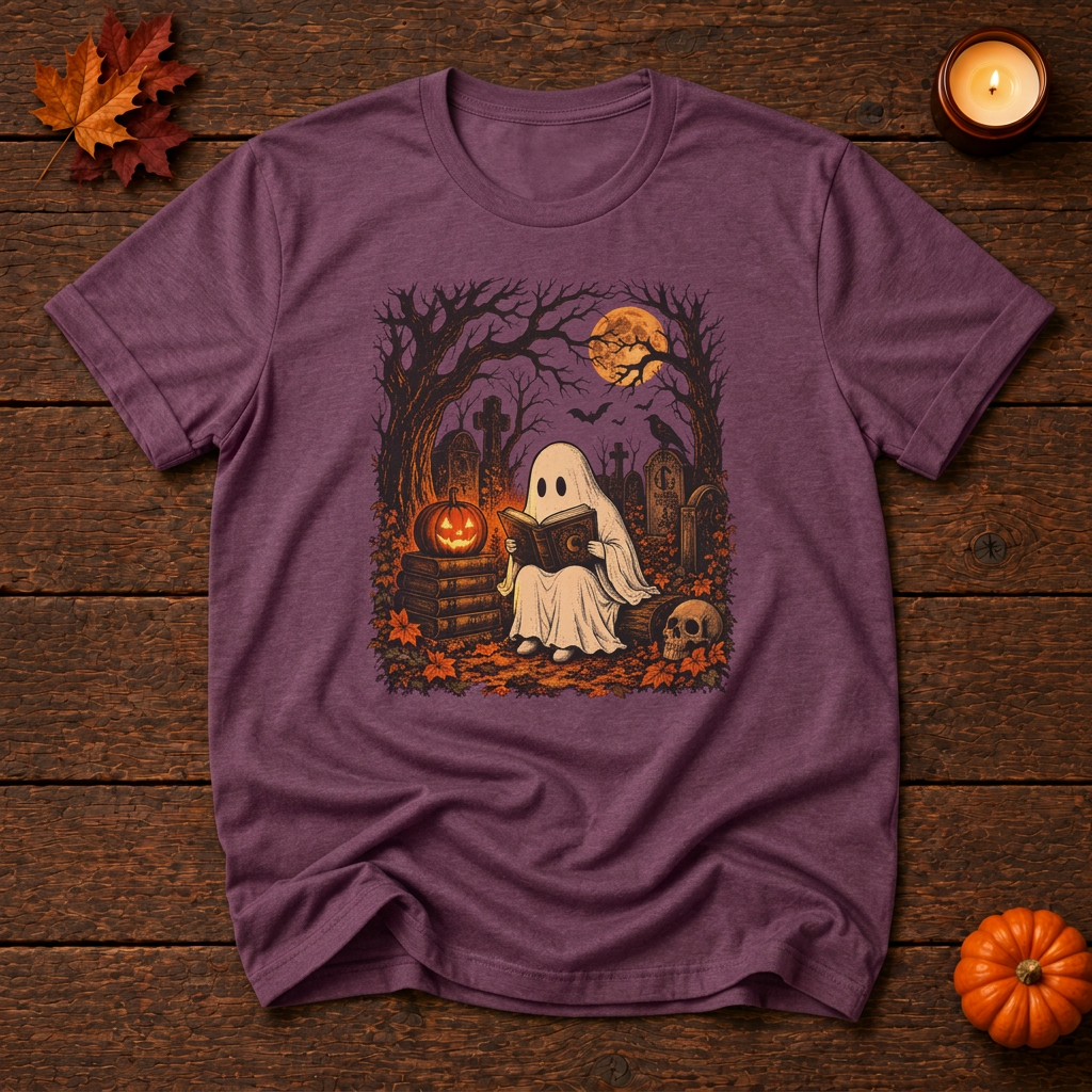 Spooky ghost cemetery front-print t-shirt in Berry, Halloween flat lay