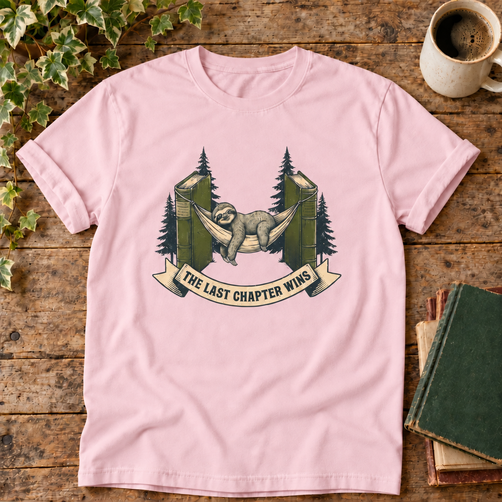 Blossom pink tee with sloth hammock and The Last Chapter Wins artwork