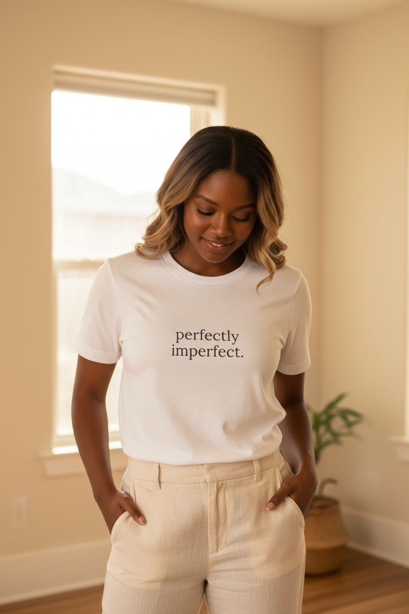 perfectly imperfect. dark-skinned woman standing, cosy bedroom