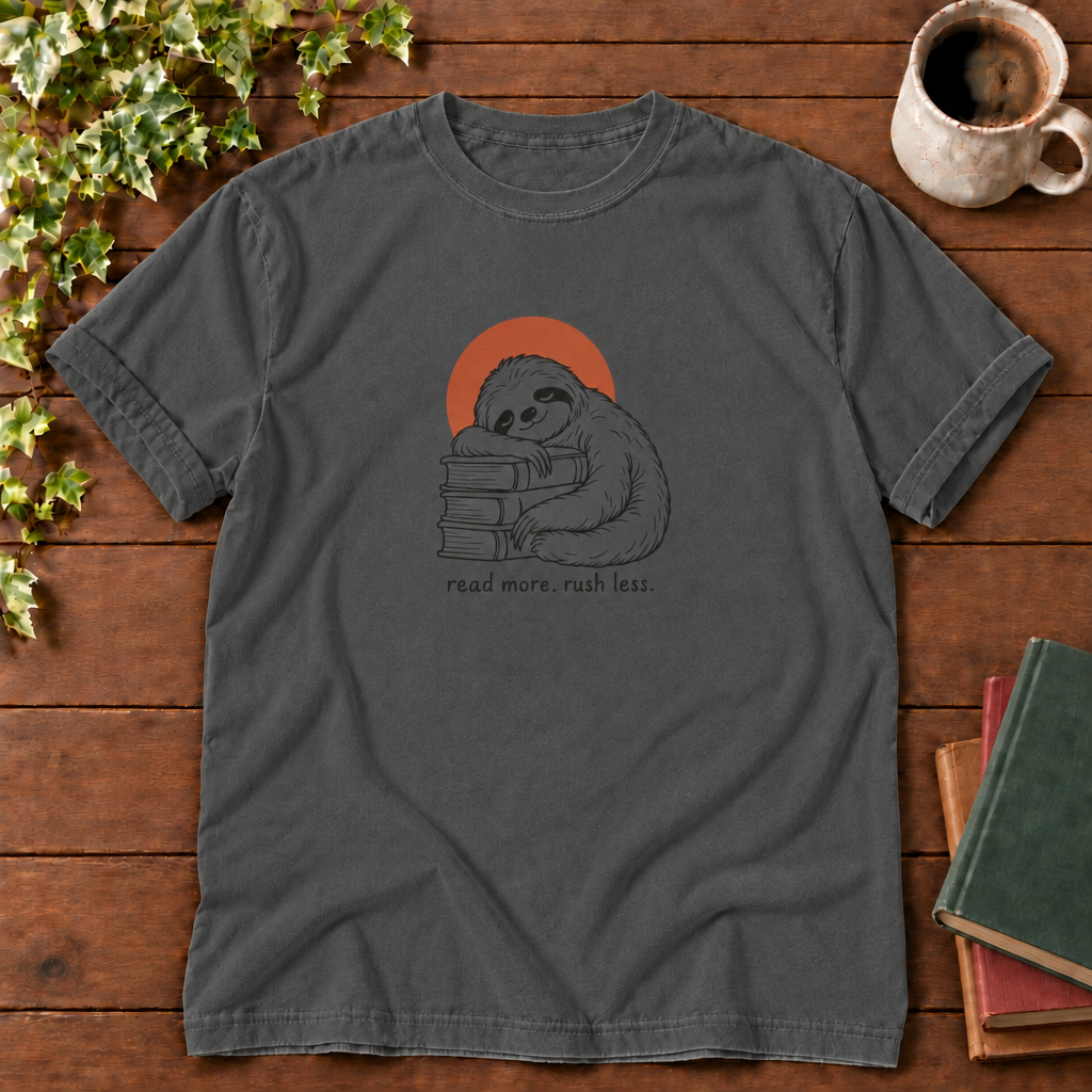Read more rush less Pepper sloth flat lay, smooth wood and clean book stack