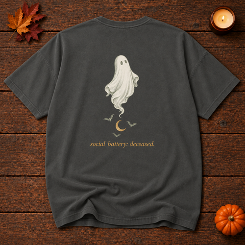 brb. pepper relaxed fit t-shirt back ghost print, Halloween flat lay