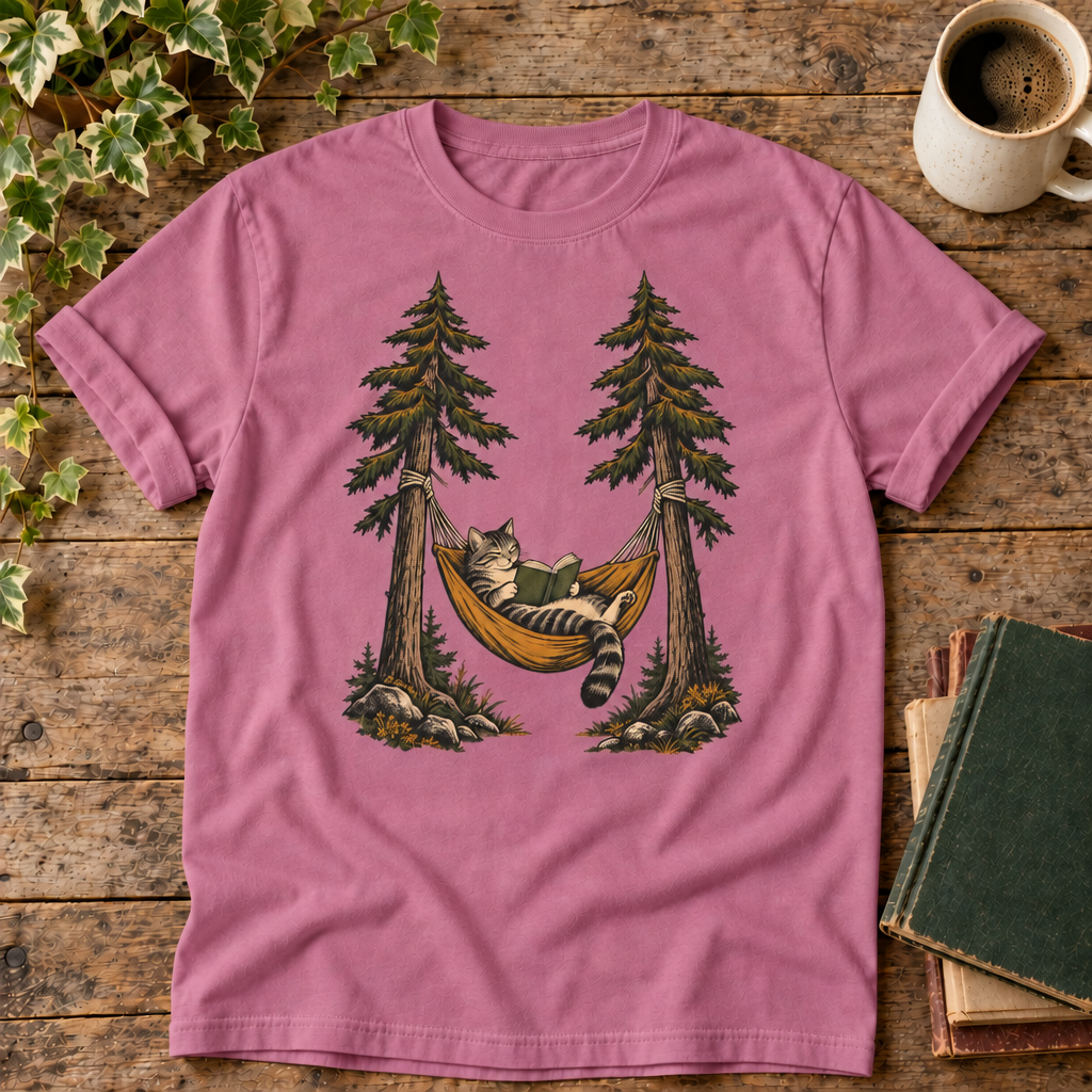 Cat reading in a hammock on Berry tee