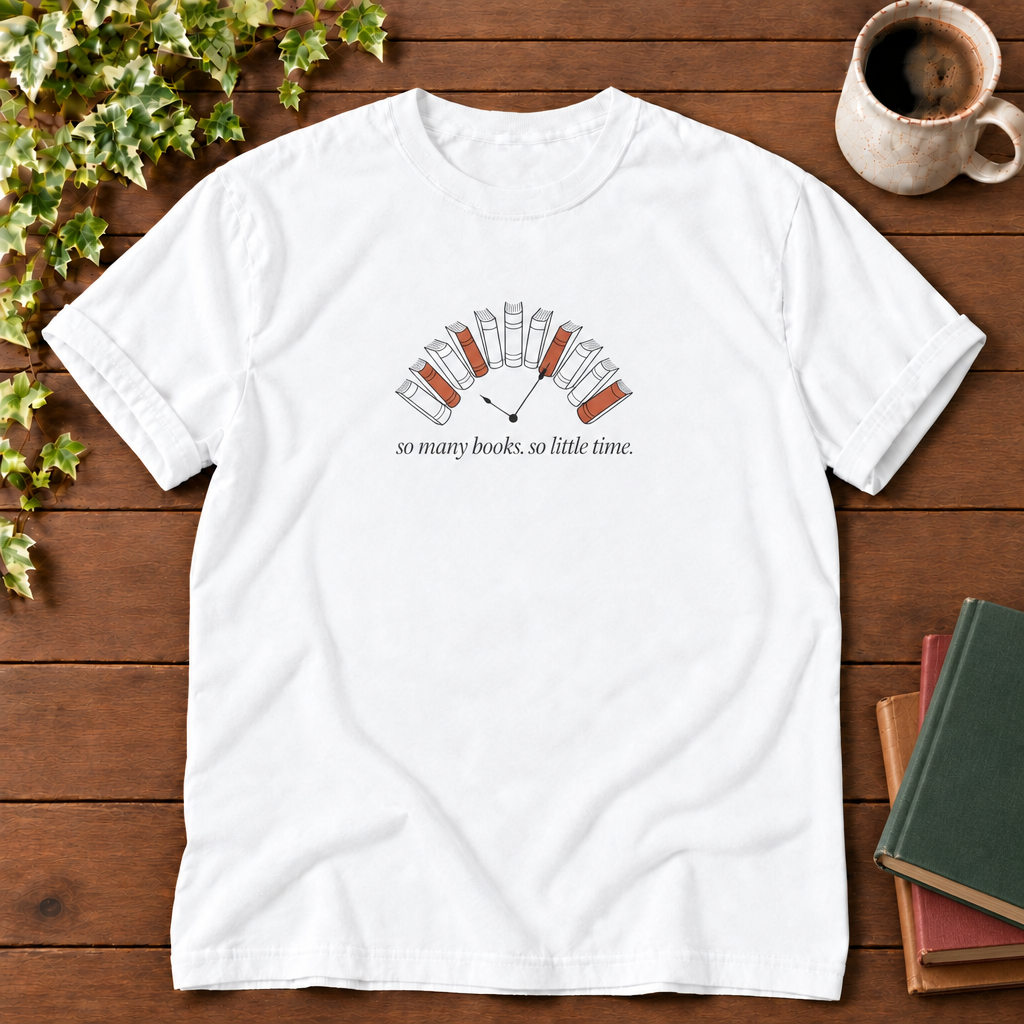 So many books so little time White, smooth wood and realistic green red tan book stack