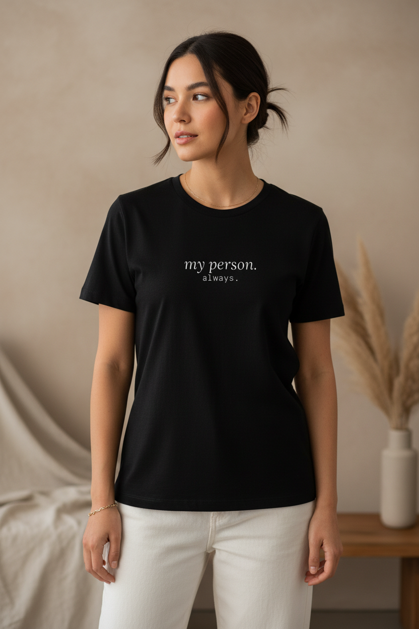 my person. always. — woman in black tee, lifestyle editorial