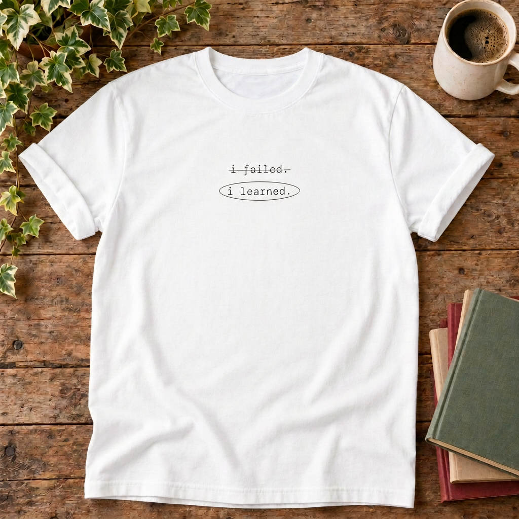 i failed, i learned. t-shirt in White, rustic wood flat lay