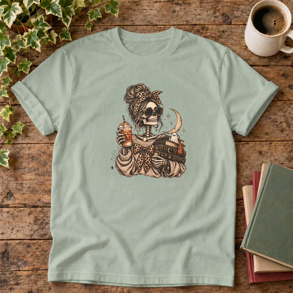 Mystical skeleton t-shirt in Bay, rustic wood flat lay