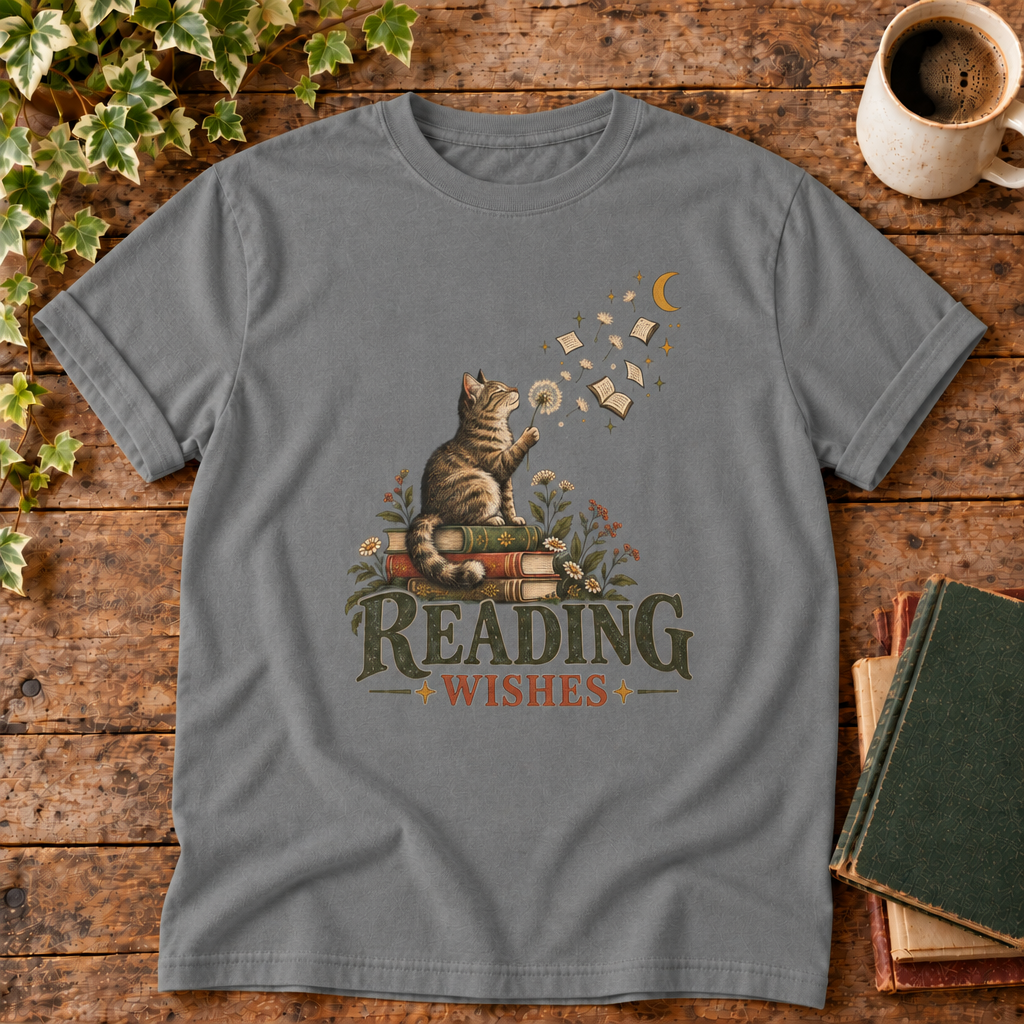 Reading Wishes tee in Grey with cat, books and moon