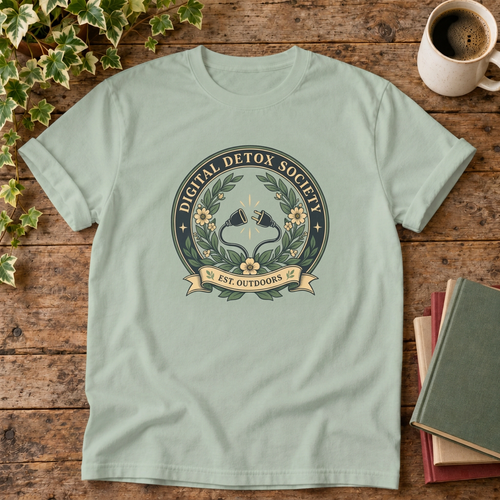 Digital detox society t-shirt in Bay, rustic flat lay