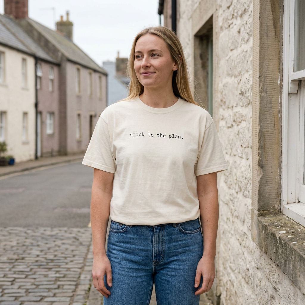 Blonde woman standing wearing Stick to the plan T-shirt in Ivory