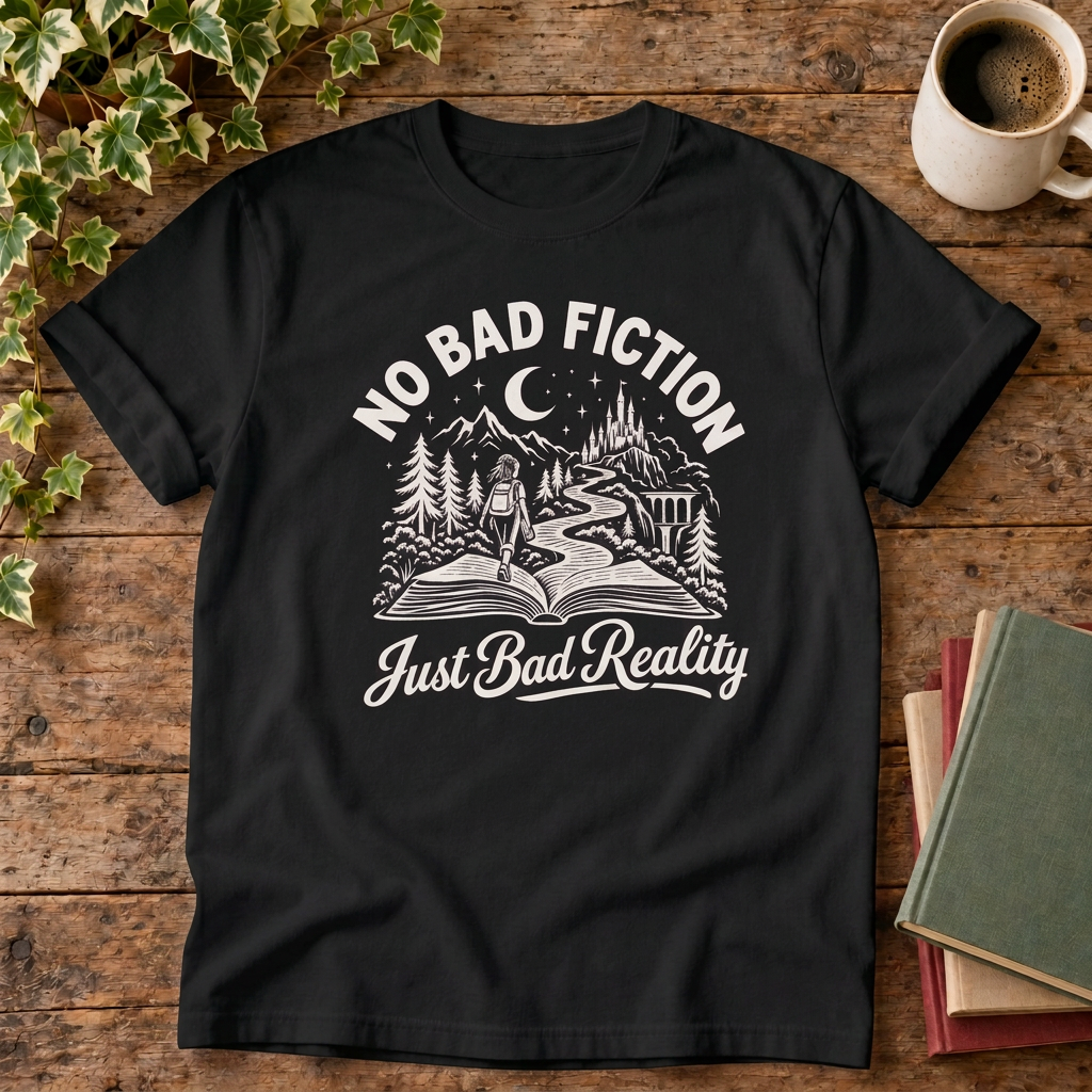 No bad fiction T-shirt in Black, stylised flat lay