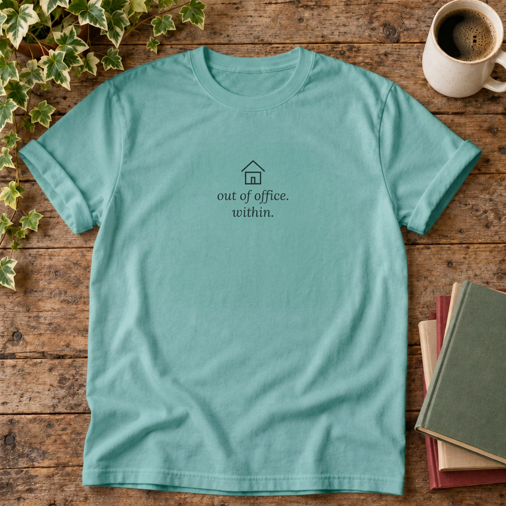 Out of office within t-shirt in Seafoam, rustic flat lay