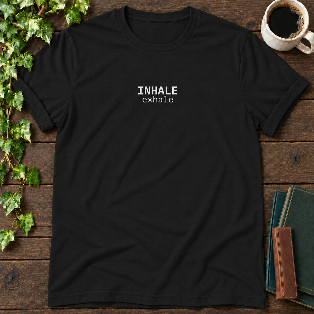 inhale. exhale. black t-shirt flat lay