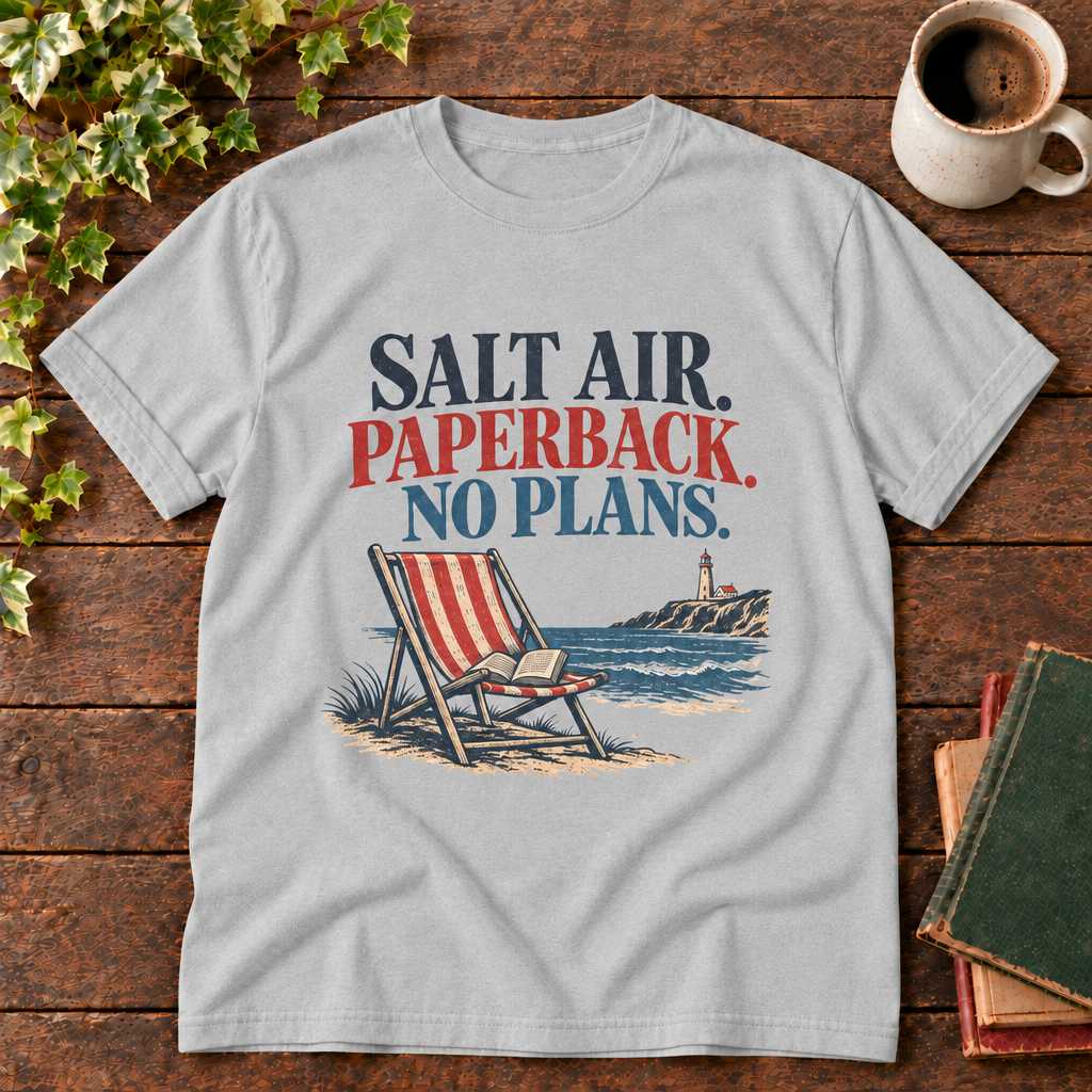 Grey Salt Air Paperback No Plans tee with coastal print