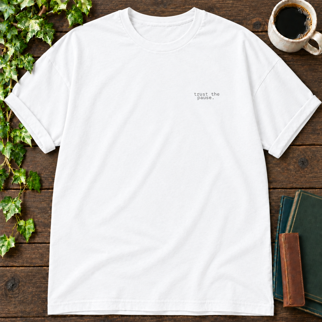 trust the pause. white relaxed fit t-shirt flat lay