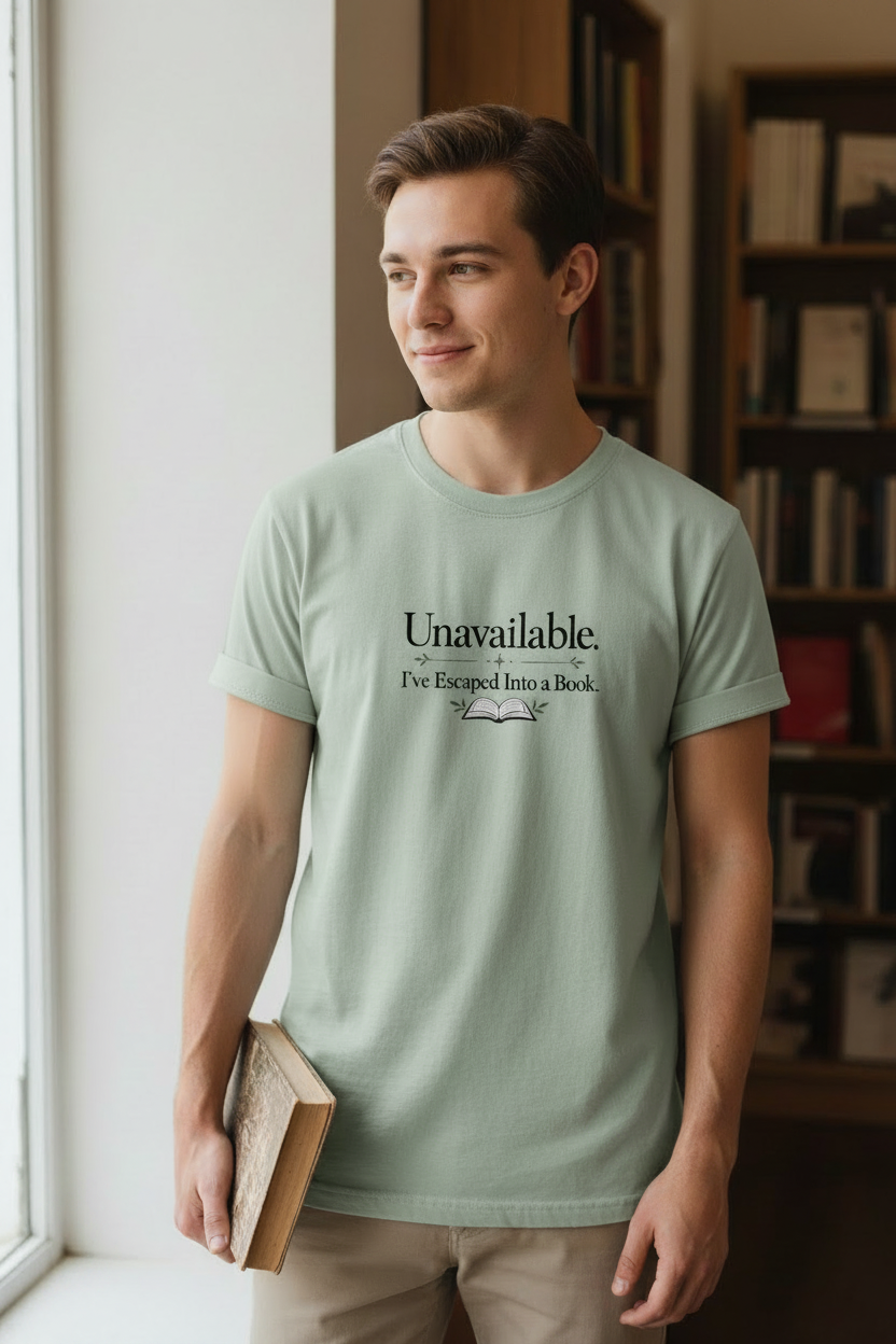 Person wearing the sage Unavailable I've Escaped Into a Book T-shirt with flat unfolded sleeves