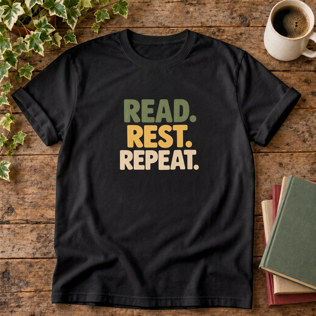 Read rest repeat t-shirt in Black, rustic wood flat lay