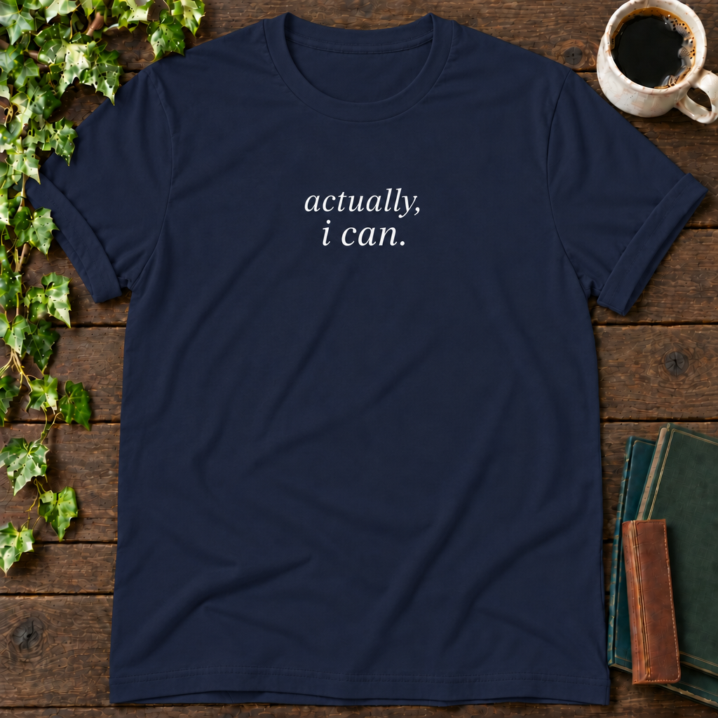 actually, i can. navy t-shirt flat lay
