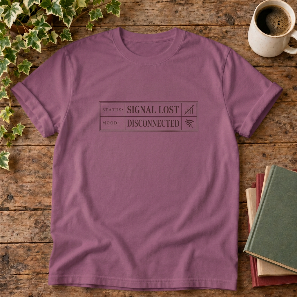 Signal lost disconnected T-shirt in Berry, stylised flat lay
