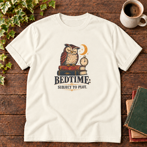Ivory Bedtime owl and books t-shirt flat lay