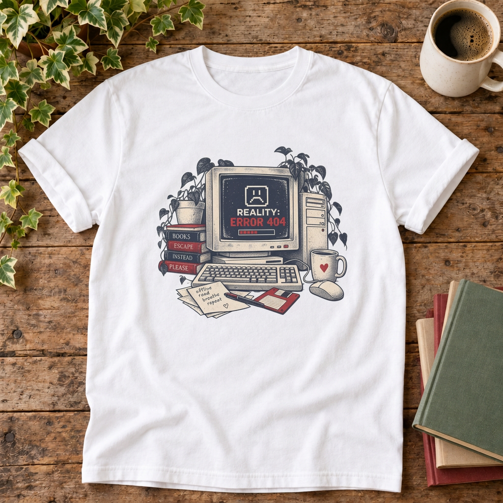 Reality error 404 t-shirt in White, rustic flat lay