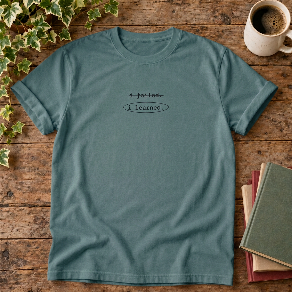 i failed, i learned. t-shirt in Blue Spruce, rustic wood flat lay