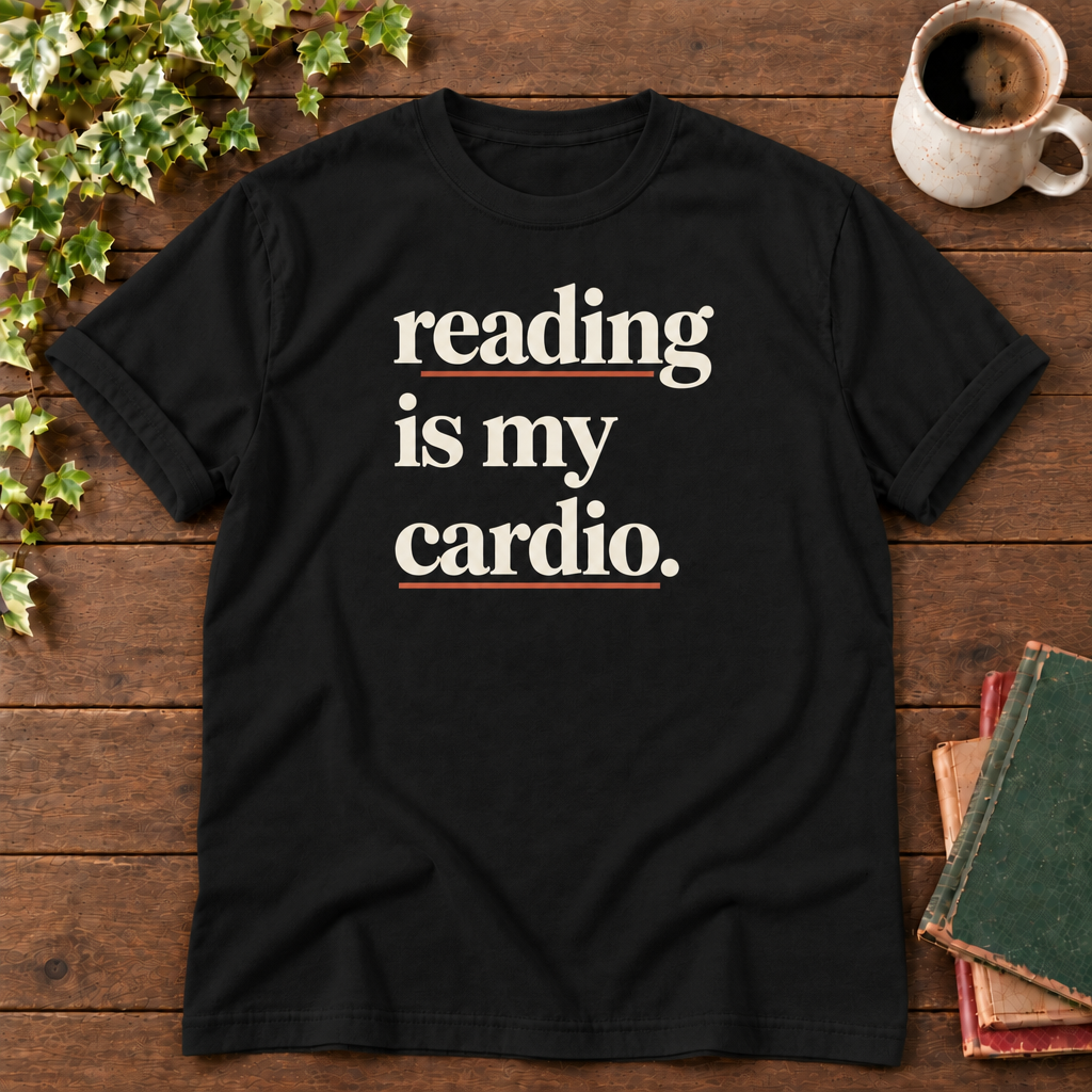 Reading is my cardio Black, smooth timber, aligned coffee mug and green red tan books