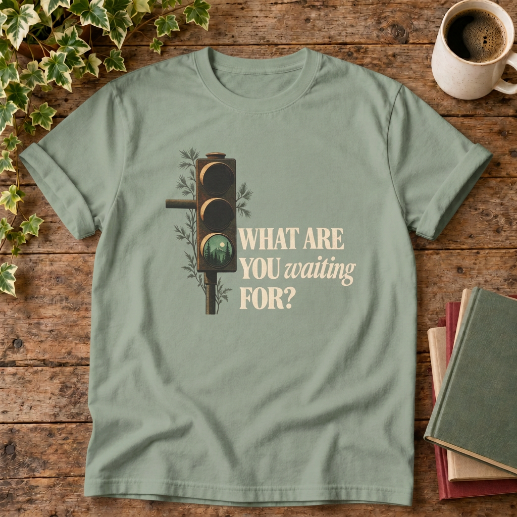 What Are You Waiting For? Bay T-shirt wood-and-books flat lay