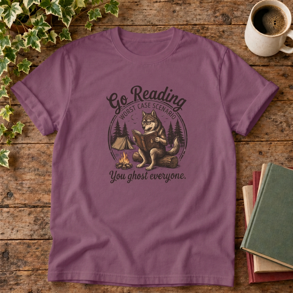 Go reading T-shirt in Berry, stylised flat lay