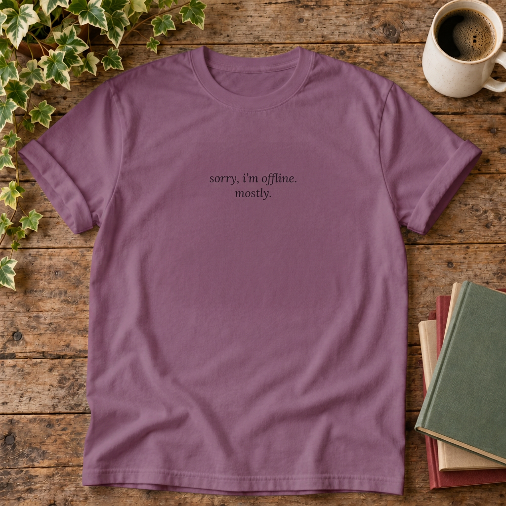 Berry sorry I'm offline mostly t-shirt, stylised wood flat lay