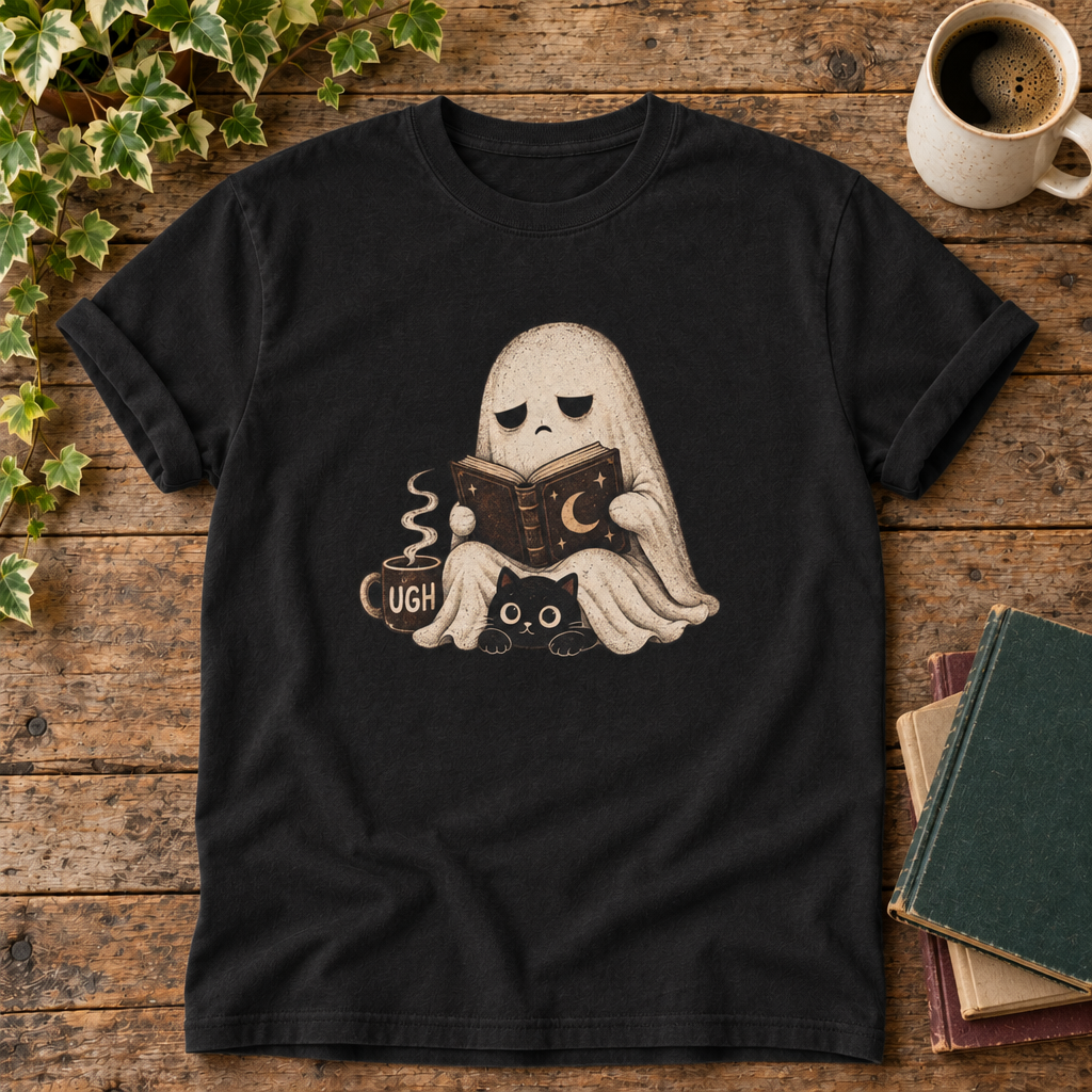 Ghost reading Black t-shirt flat lay