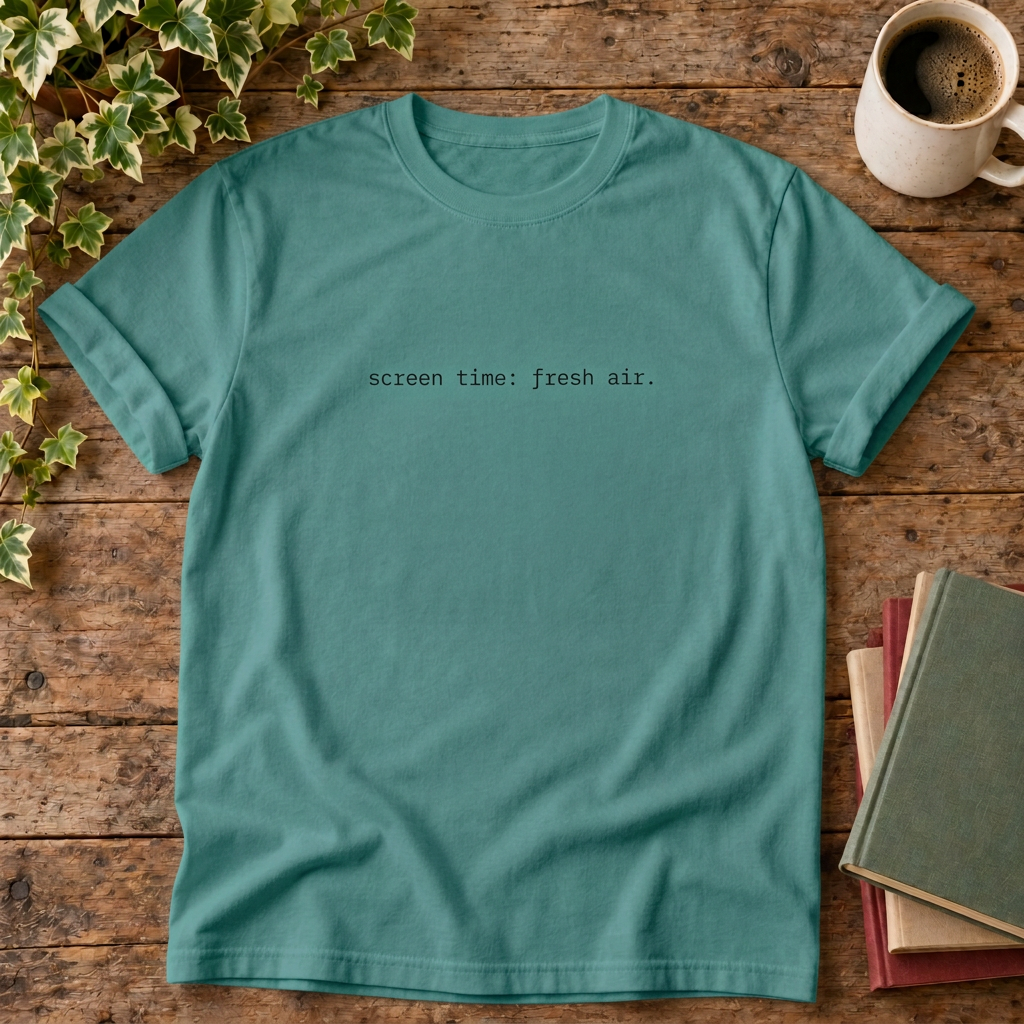 Seafoam screen time fresh air t-shirt, folded-sleeve rustic wood flat lay