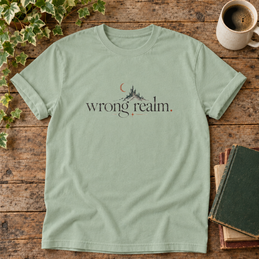 Wrong realm. Bay t-shirt castle and crescent moon flat lay