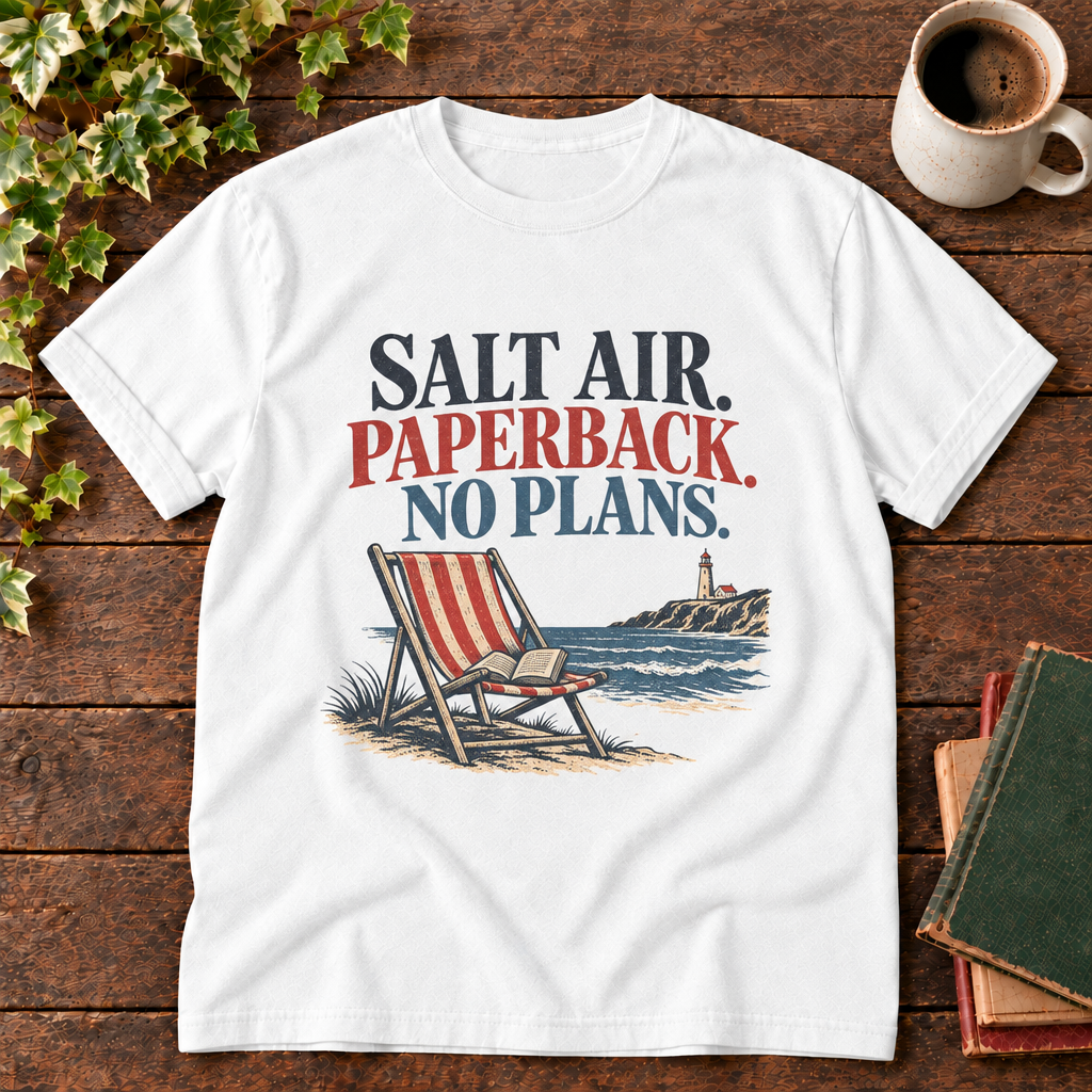 White Salt Air Paperback No Plans tee with coastal print