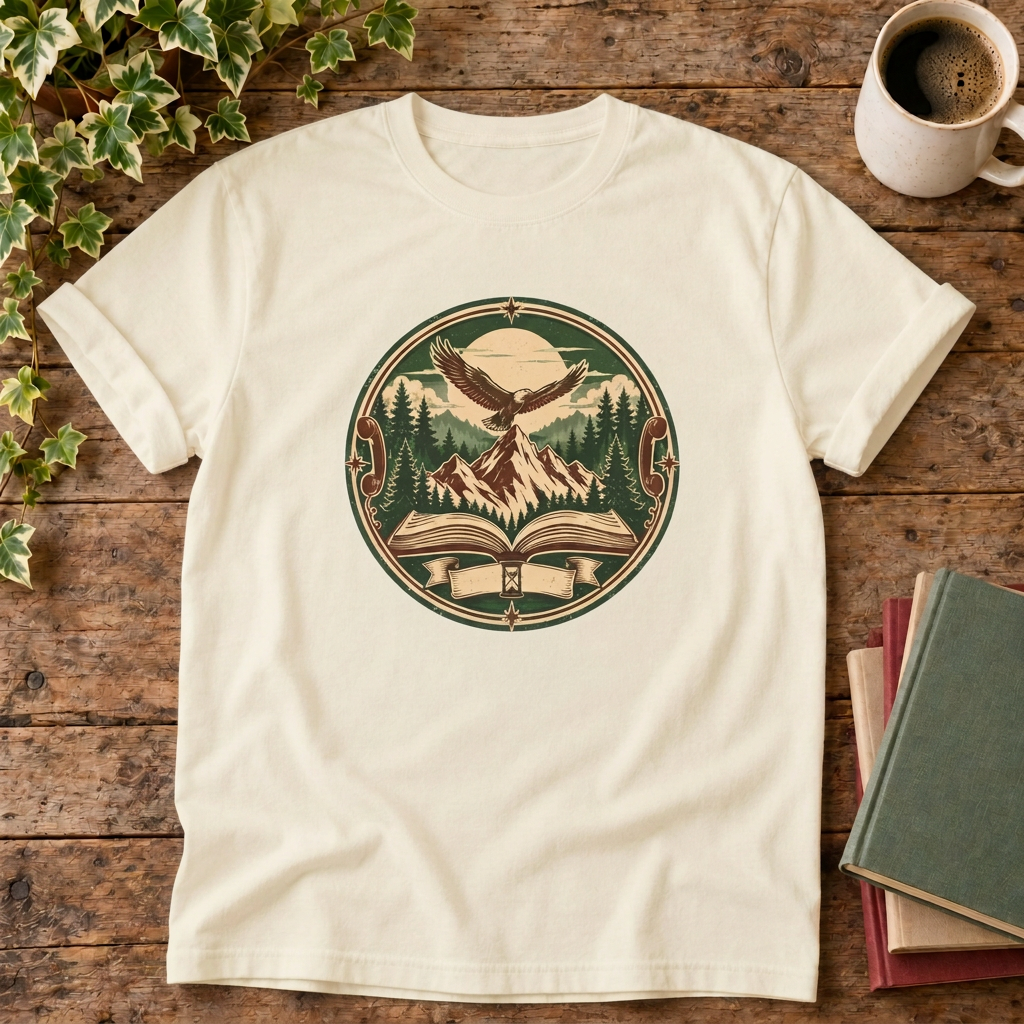 Mountain adventure vintage t-shirt in Ivory, rustic flat lay