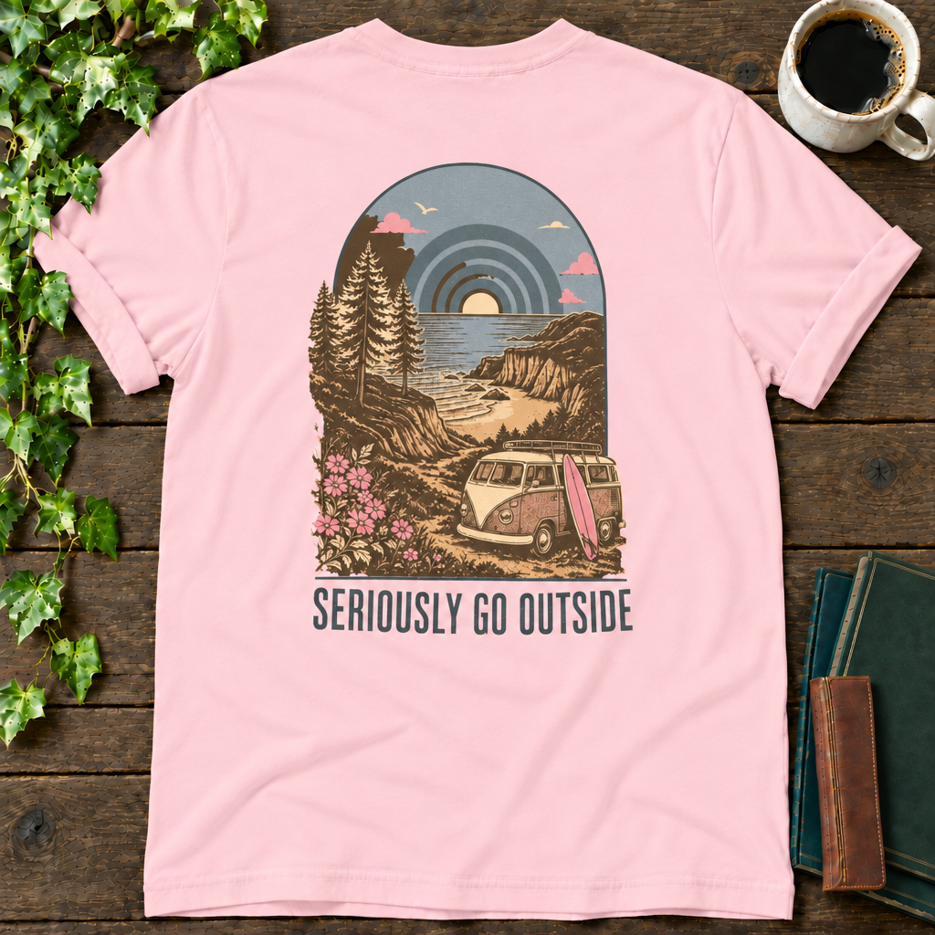 go outside. pink t-shirt back print flat lay