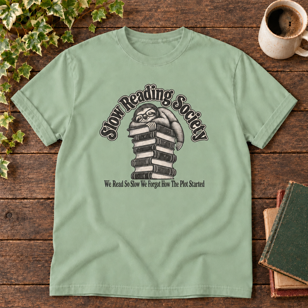 Bay sloth Slow Reading Society tee with blank neckline