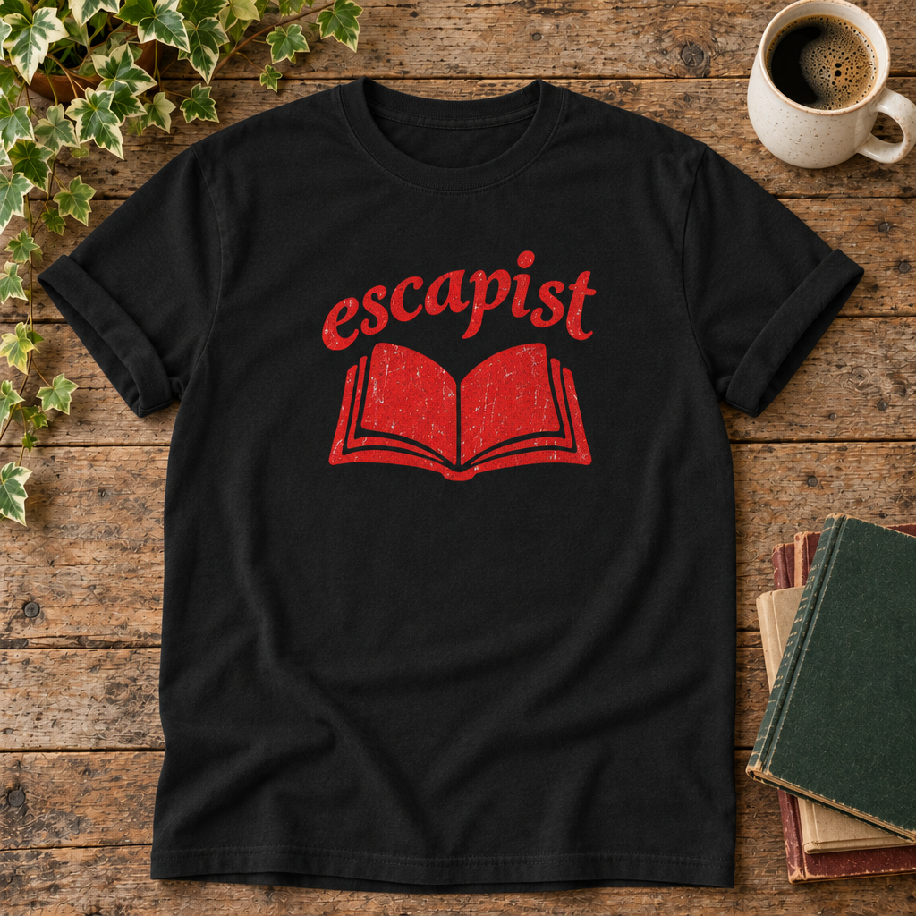 Escapist Black t-shirt weathered-wood flat lay