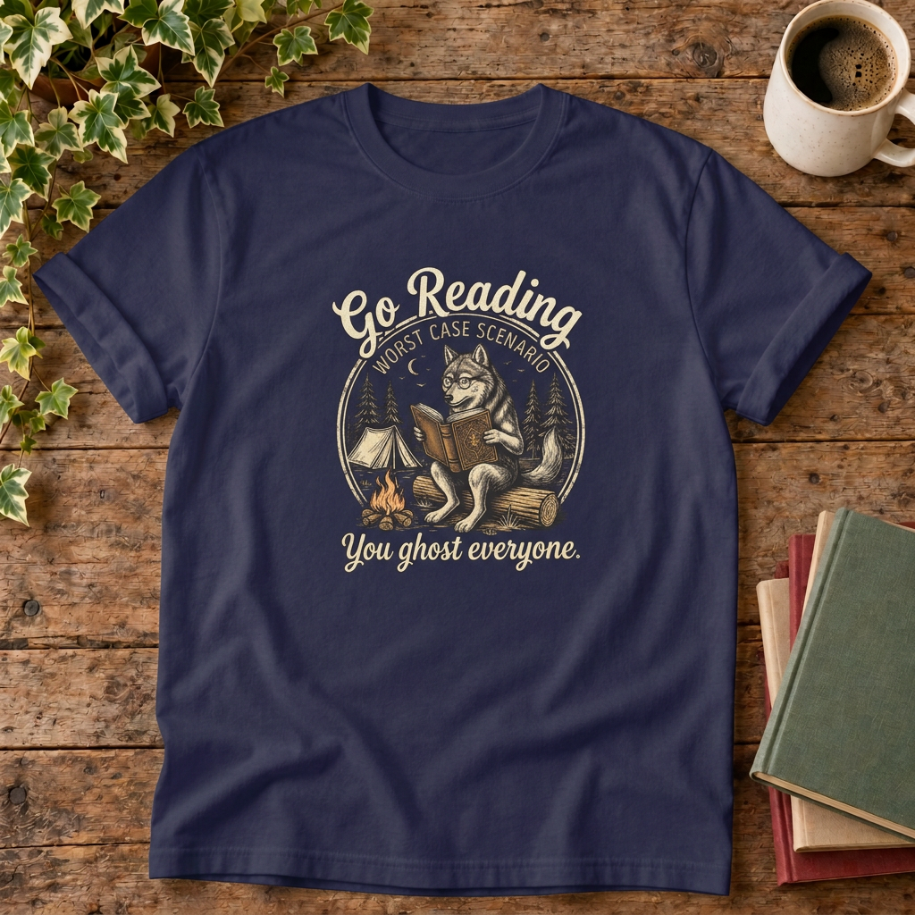 Go reading T-shirt in True Navy, stylised flat lay