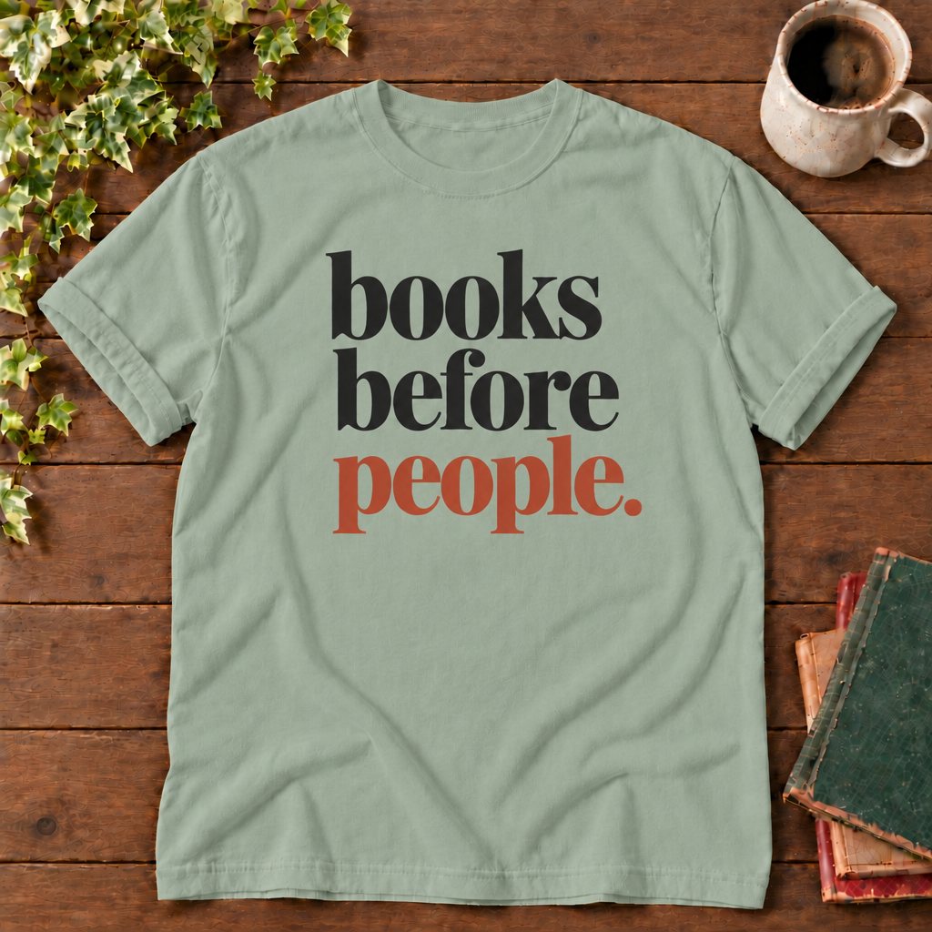 Books before people Bay, corrected sage colour from Printify reference, smooth timber flat lay