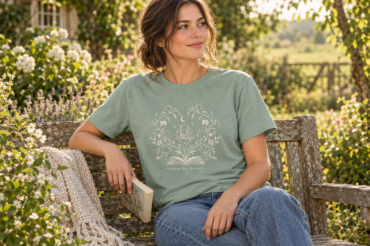 Woman wearing the Bay escape by chapter. t-shirt in a peaceful cottage garden