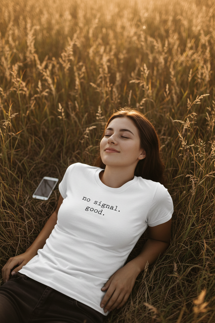 no signal. good. — lying in field, phone face-down, white Bella Canvas