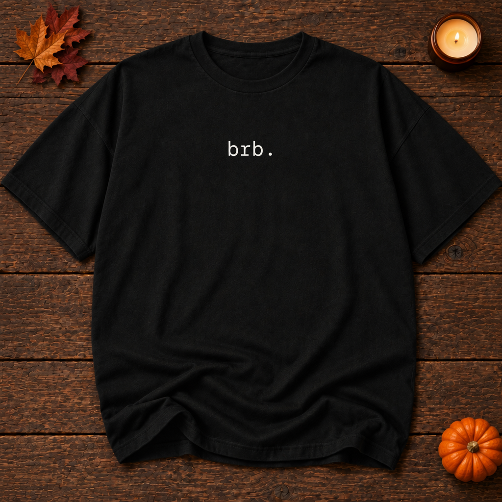 brb. black relaxed fit t-shirt front, Halloween flat lay
