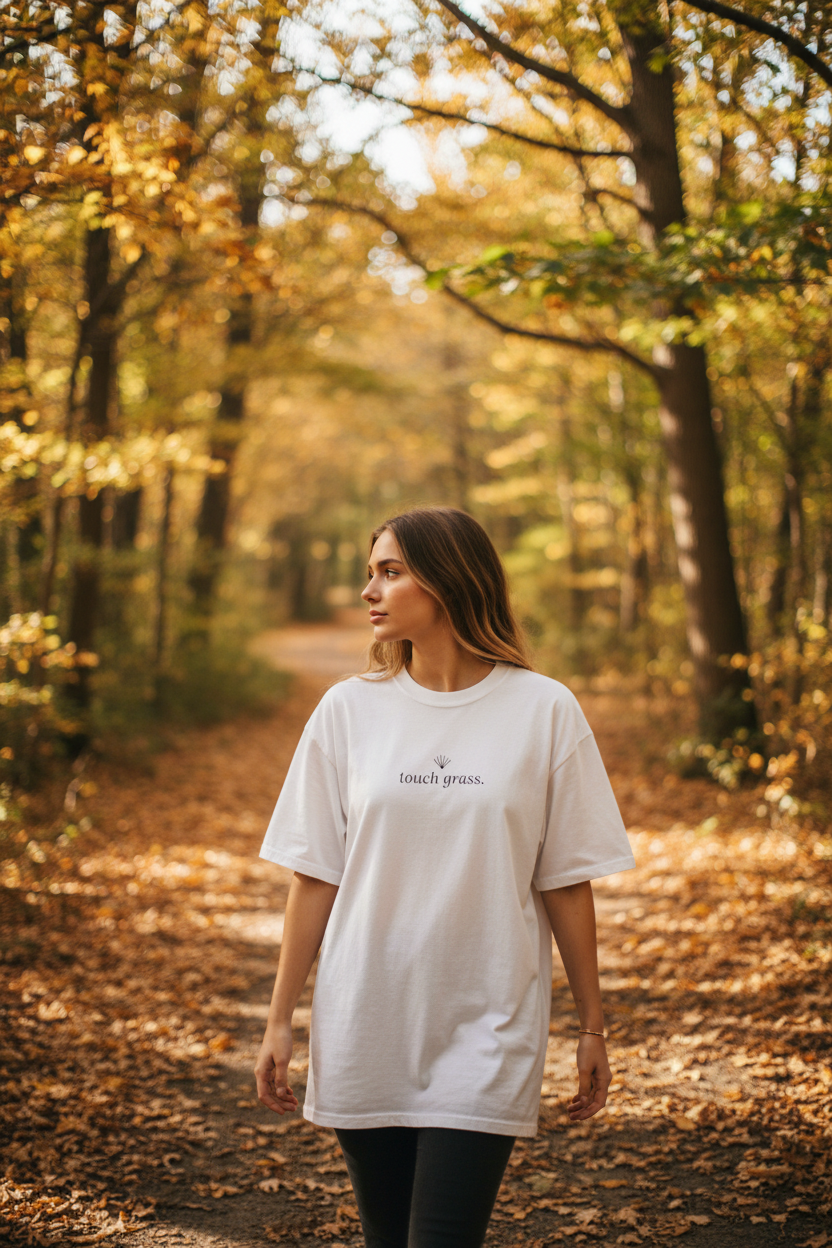 touch grass. — woodland path white CC relaxed fit lifestyle editorial