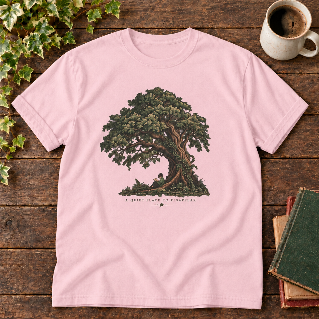 Blossom tree of life tee with green red and tan book pile