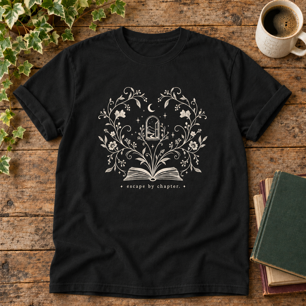 Escape by chapter Black t-shirt flat lay