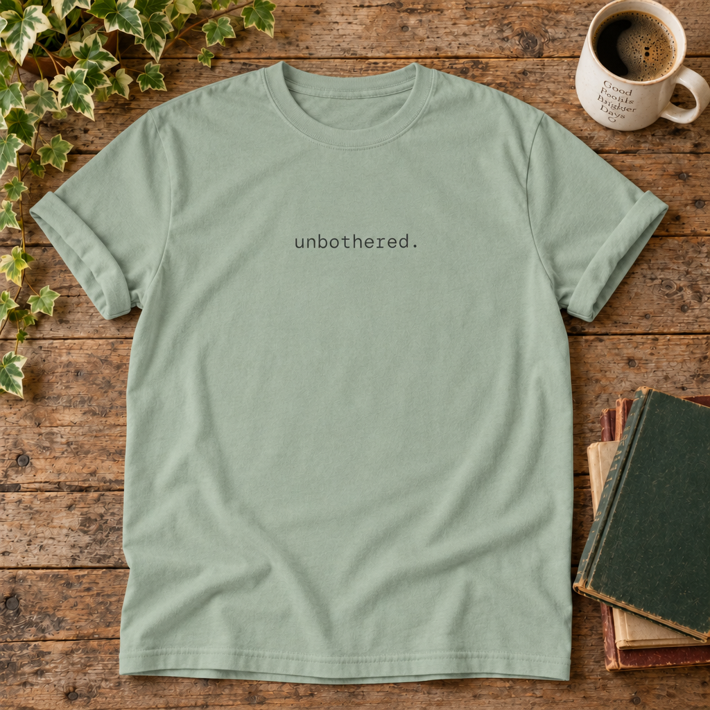 Unbothered. Bay t-shirt weathered-wood flat lay