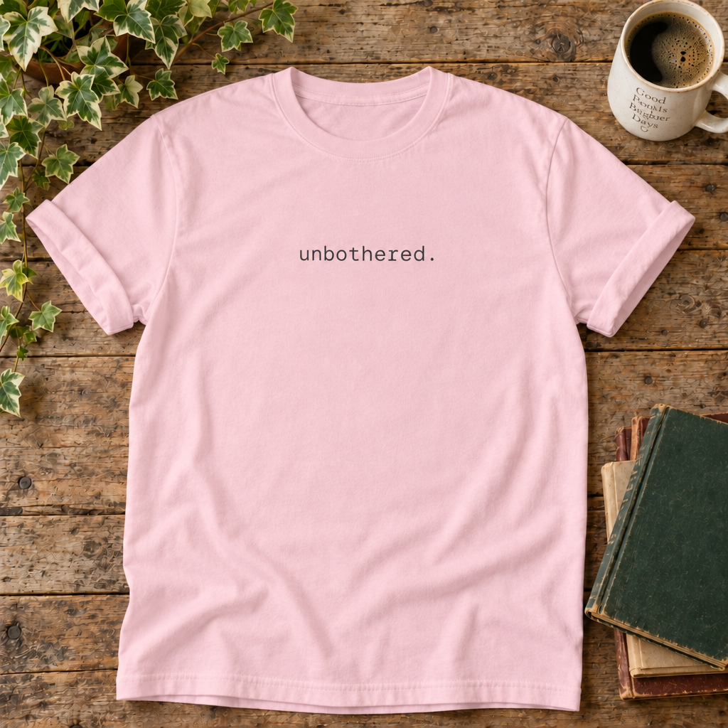 Unbothered. Blossom t-shirt weathered-wood flat lay